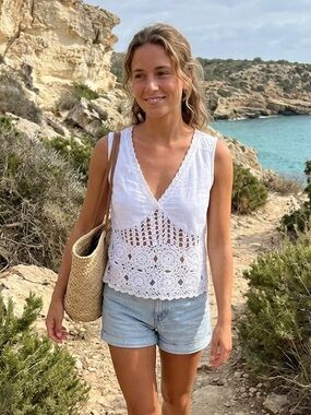 Rebellion Again White Crochet Lace Boho V-Neck Tank Top XS